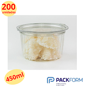 200 Unid Embalagem Pote Redondo 450ml com Tampa Articulada marca Packform® PF 771 Caixa Fechada
