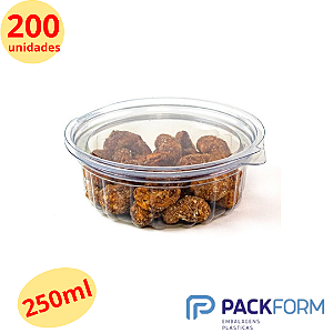 200 Unid Embalagem Pote Redondo 250ml com Tampa Articulada marca Packform® PF 742 Caixa Fechada