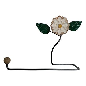 Suporte Para Papel Toalha Em Ferro Com Flor Branca Em Madeira
