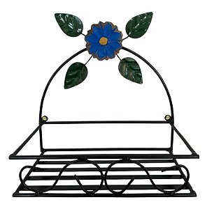 Porta Shampoo Em Ferro Com Flor Azul Em Madeira