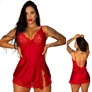 Camisola cetim Vermelha com detalhes de renda e calcinha forro 100% algodão