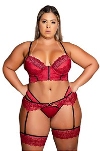 Cropped Trabalhado Em Renda, Calcinha Fio Dental com Perneira e Liga Plus Size