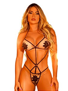 BODY SENSUAL DE TULE TRANSPARENTE COM APLICAÇÃO