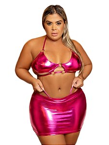 Conjunto Plus Size Docinho Sexy Rosa Pink Com Calcinha Top E Saia