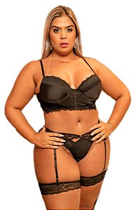 Conjunto Plus Size Com Cropped Trabalhado Calcinha Perneira - Preto