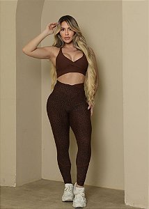 Conjunto Fitness Feminino Legging Oncinha Empina Bumbum Marrom Escuro