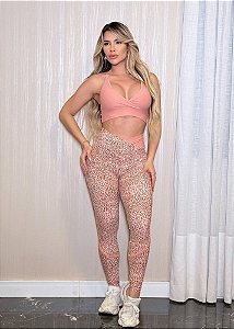 Conjunto Fitness Feminino Legging Oncinha Empina Bumbum Rosa