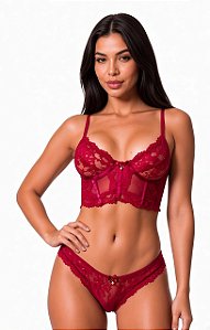 Cropped Rendado + Calcinha Fio Com Forro 100% Algodão Vermelho Desejo