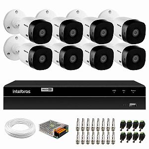Kit 8 Câmeras Intelbras VHL 1220 B Full HD 1080 Lite + DVR Intelbras - Câmeras com 20m Infravermelho de Visão Noturna + Fonte, Cabos e Acessórios