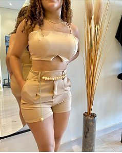SHORT ALFAIATARIA CINTO BOLINHAS COR NUDE
