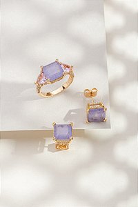 Conjunto anel e brinco pedra quadrada