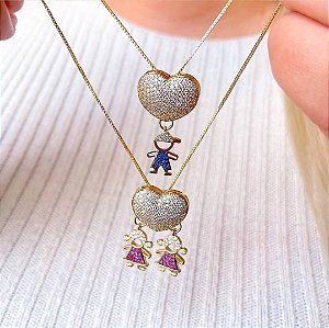 Colar com Pingente Filhos Coração e 3 Meninas.