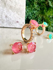 Conjunto anel solitario aro cravejado e brinco cravejados