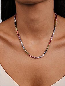 Colar Choker Riviera color 3 pontas 4mm ródio