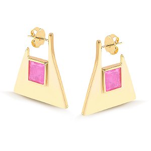 Brinco Trapézio Liso com Octógono pedra rosa
