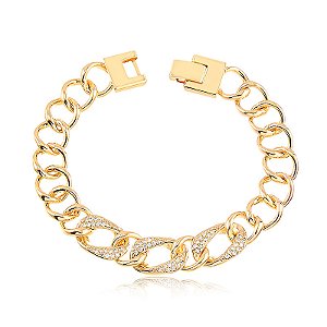 Pulseira elos grandes lisos e cravejados fecho quadrado