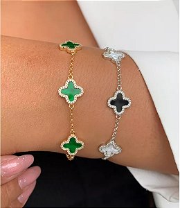 Pulseira Trevo Madreperola Branco e Preto com zircônias