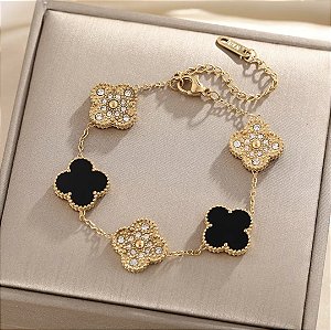 Pulseira Trevo Dupla Face Esmaltado e Cravejado