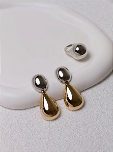 Brinco Duo Oval Com Gota Mix Banho