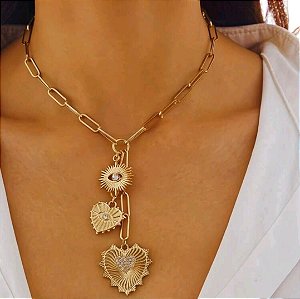 Colar Gravata Com Pingentes  Dourado