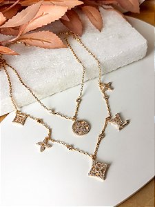 Colar Duplo LV Cravejado Com Zirconias
