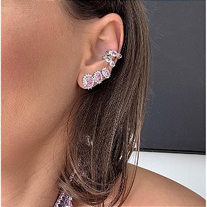 Trio de Brincos Cravejados Pedra Kunzita Rosa Claro