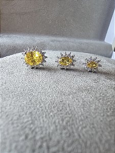 Trio de Brincos Cravejados Pedra Citrino Amarelo