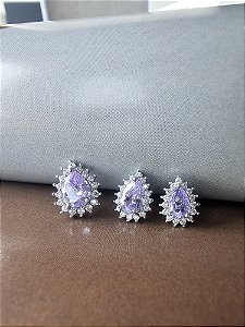 Trio de Brincos Cravejados Pedra Tanzanita Lilas
