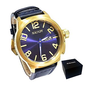 Relógio Magnum Masculino Ma33399a Dourado Azul Couro
