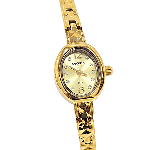Relógio Seculus Feminino Analógico Dourado Mini Cristais