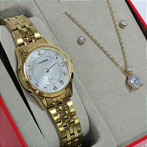 Relógio Mondaine Feminino Dourado Kit Com Semijoia 32796LPMKDE1K1