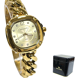 Relógio Seculus Feminino Analógico Dourado Cristais 77111LPSVDB1