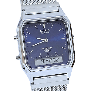 Relógio Casio Unissex Anadigi Vintage Mesh Prateado AQ-230EM-2ADF