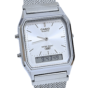 Relógio Casio Unissex Anadigi Vintage Mesh Prateado AQ-230EM-7ADF