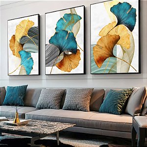 Quadro Folhas Abstratas Tons Azul e Dourado