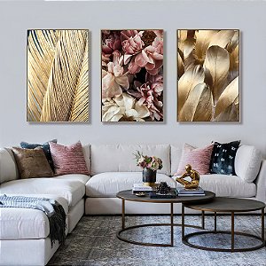 Quadro Penas Douradas e Flores Rosé