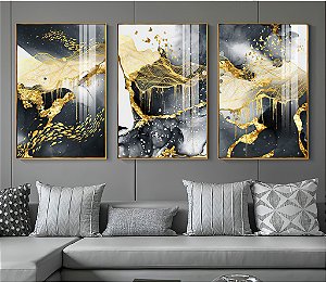Quadro Arte Abstrata Moderna Preto, Branco com Dourado