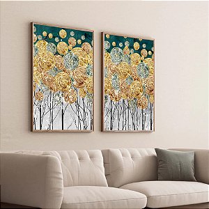 Quadro Flores Abstratas em Dourado