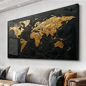 Quadro Mapa Mundi Preto e Dourado
