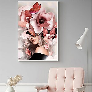 Quadro Retrato Feminino com Cabeça Floral em Tons de Rosa