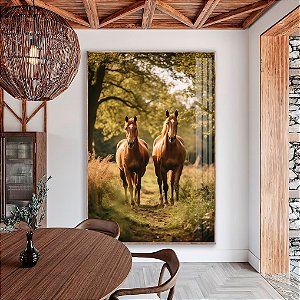 Quadro Dupla de Cavalos Correndo em Bosque