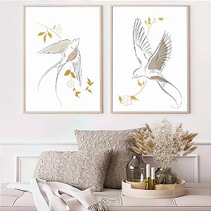 Quadro Pássaro e Plantas com Traços Leves