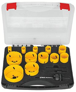 Jogo de Serras Copo Bi-Metálicas Tramontina MASTER 15 Peças – Dentes em Aço Rápido HSS, Contém 3 Brocas e 12 Serras de 16 mm a 76 mm.