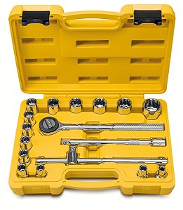 Jogo de Soquetes Estriados Encaixe 1/2" Tramontina MASTER 17 Peças – Aço Cromo Vanádio, Inclui 14 Soquetes de 8 mm a 30 mm, Catraca Reversível, Cabo T de 10", Extensão de 8" e Maleta Plástica