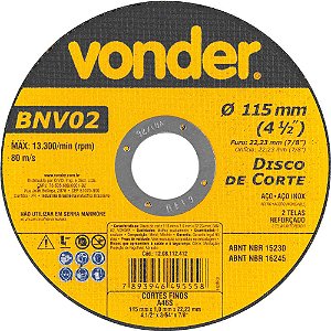 Disco de corte 115mm x 1,0mm x 22,23mm BNV 02 VONDER