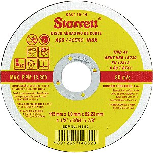 Disco de corte 115mm x 1,0mm x 22,23mm DAC115-14 STARRETT