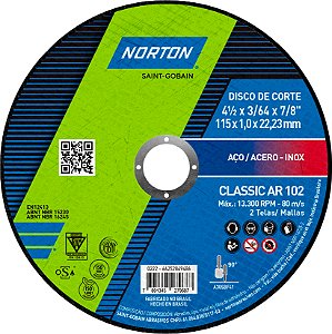 Disco de corte 115mm x 1,0mm x 22,23mm para aço CLASSIC AR102 NORTON