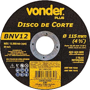 Disco de corte 115mm x 1,6mm x 22,23mm BNV12 VONDER PLUS