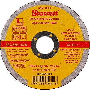 Disco de corte 115mm x 1,6mm x 22,23 mm DAC115-24 STARRETT