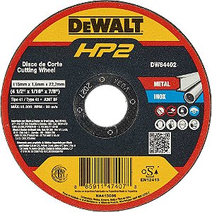 Disco de corte 115mm x 1,6mm x 22,23mm DW84402 HP2 DEWALT